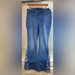 Denim 24/7 Blue Flare Wide Leg Jeans with embroidered floral leg detail 14W